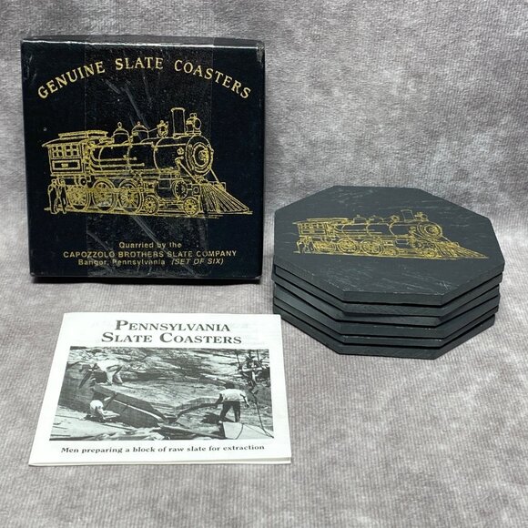 Genuine Slate Coasters Set Of 6 With Train Design By Giffard & White - Picture 1 of 7